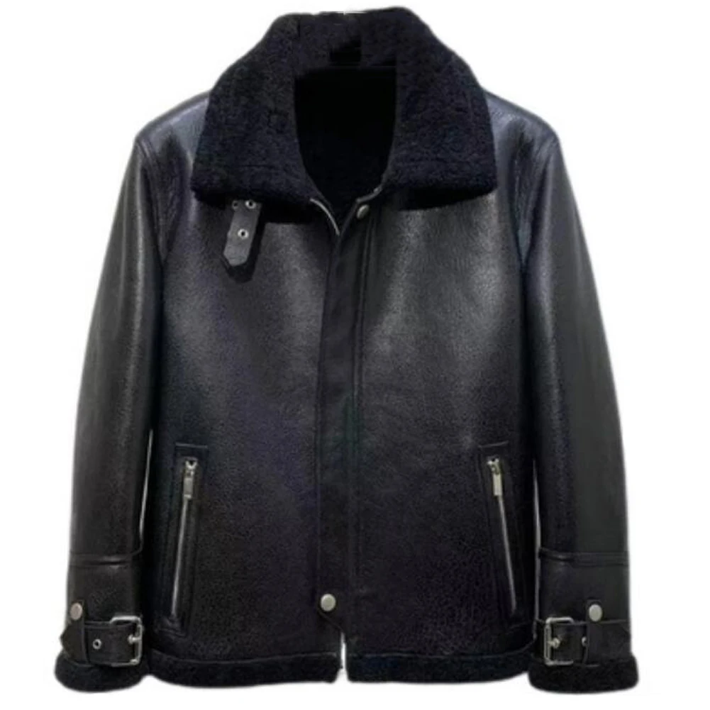 Denny &amp Dora Мужская черная дубленка Короткая Кожаное пальто с лацканами