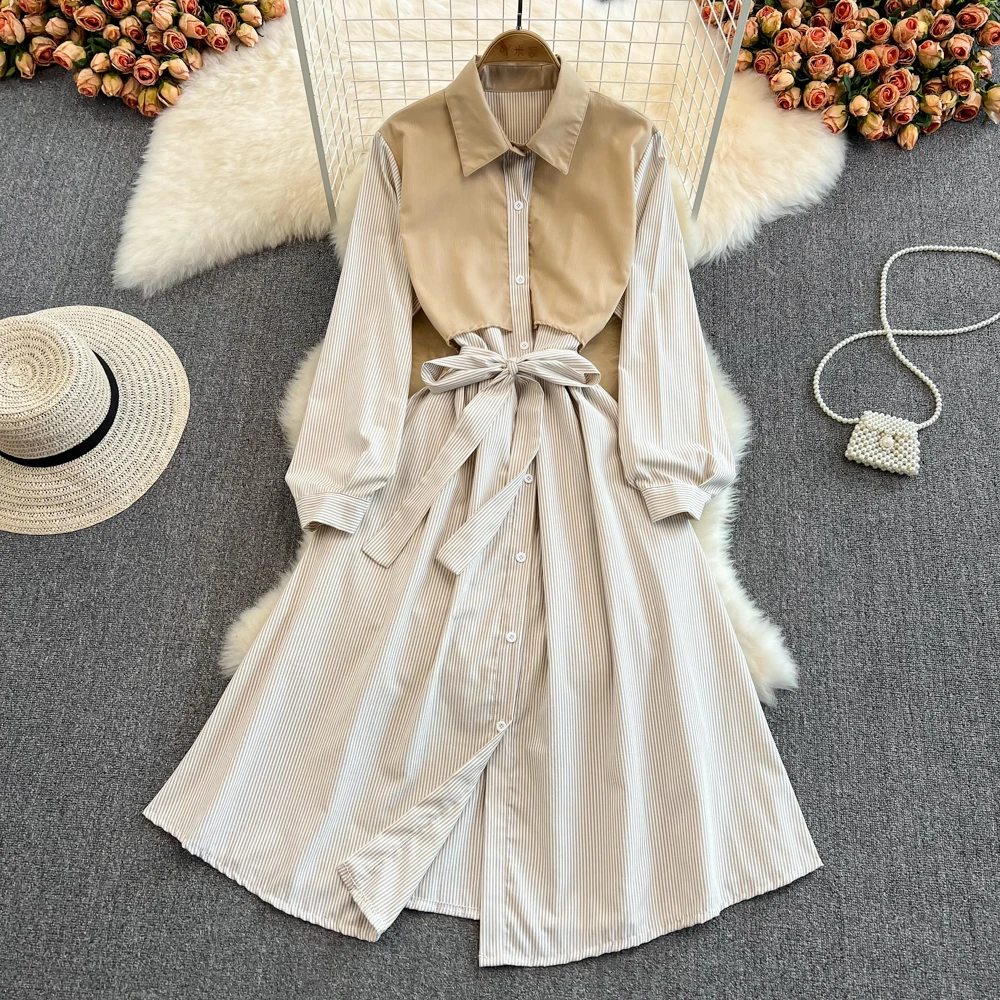 

YIZZHOY Spring Autumn New Single Breasted Loose Slim Medium Length Dress Female Fashion Single Breasted Lapel Stripe Dress