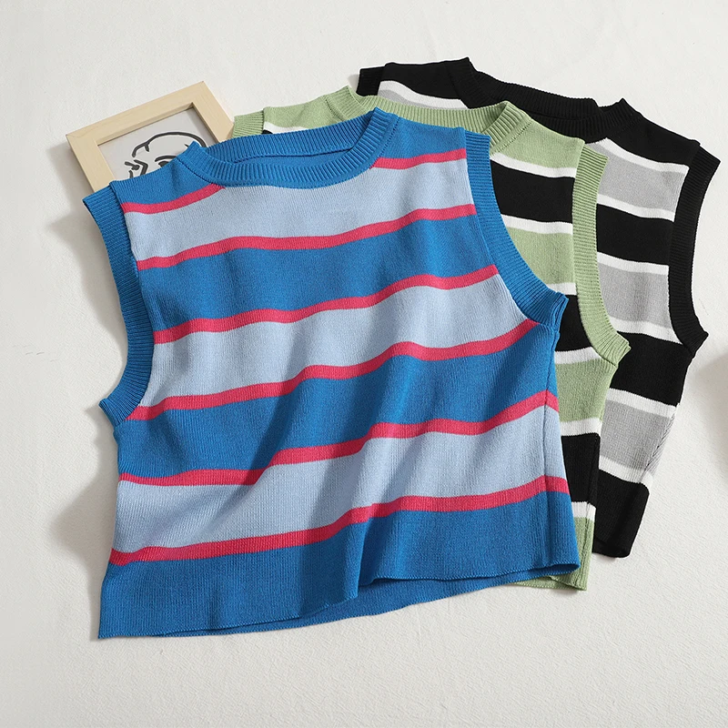 

Girls O-Neck Knitting Stripe Camis Top Sleeveless Ice Slik Tees Female Knitted Stretchy Camisoles Tanks Tops for Women Dropship