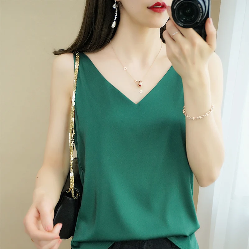 

2022 Women's Silk Suspenders New V-Neck Wild Loose Satin Vest Spring Autumn Thin Inner Wear Solid Bottoming Top Female Camisole