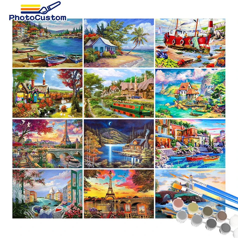 

PhotoCustom Painting By Number Kits For Adults Handpainted DIY Coloring By Number Boat Landscape Home Decor Drawing On Canvas