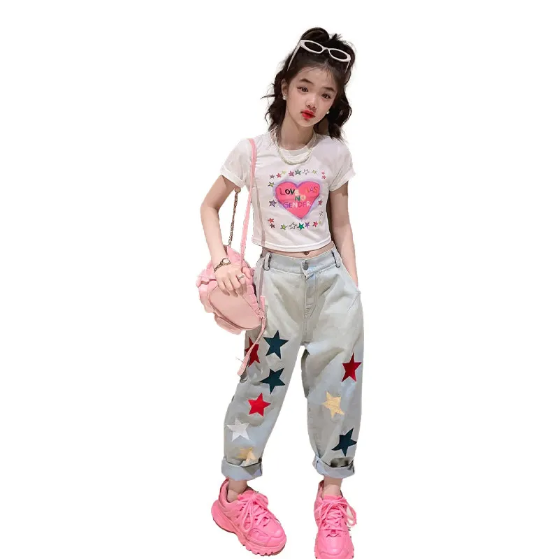 

Комплект одежды для девочек-подростков, футболка с коротким рукавом и джинсы, комплект из 2 предметов, детская одежда, 6 7 8 12 14 15