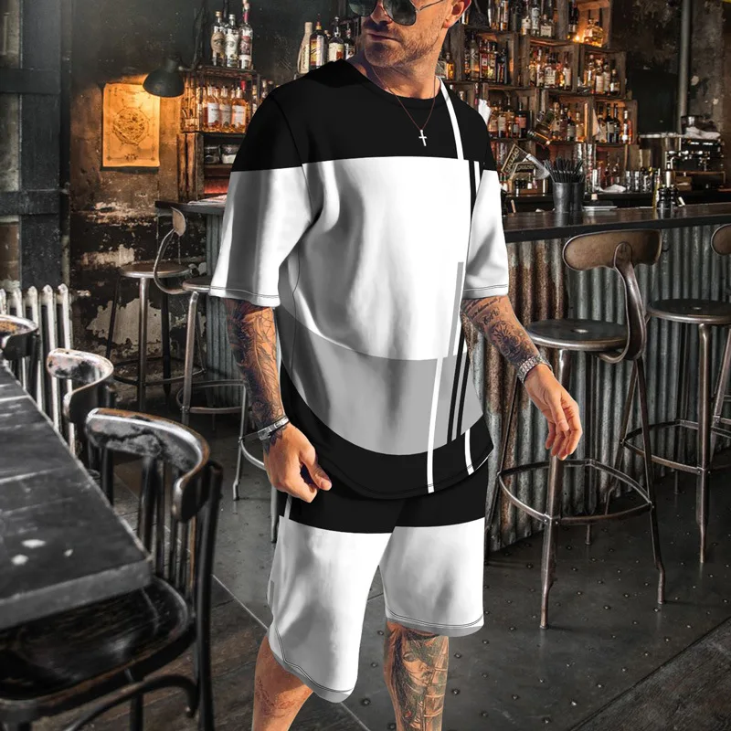 Newest Striped Plaid Series Men Breathable Sets Sports Jogging Cozy T Shirt Tracksuit Suit 3D Printed Casual Outfit Summer 6XL