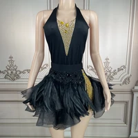 sparkly rhinestones chains feather dress backless black halter dance custome evening party birthday dress sexy show stage wear