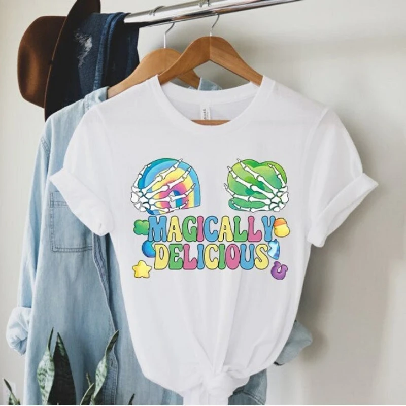 

Magically Delicious St Patrick's Day T Shirt Kawaii Marshmallows Graphic Tshirts Ireland Leprechauns Skeleton Hands Holding Tops
