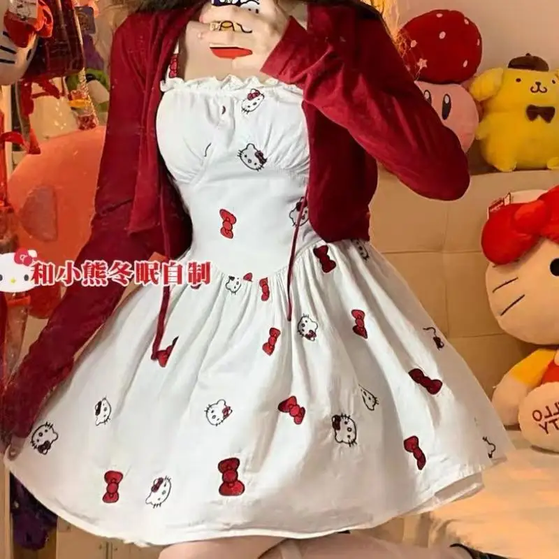 

Sanrioed аниме мультфильм Hello Kittys платье Ins Девочка Сердце кавайная Талия Лолита чистое желание милые и острые подтяжки юбка подарки