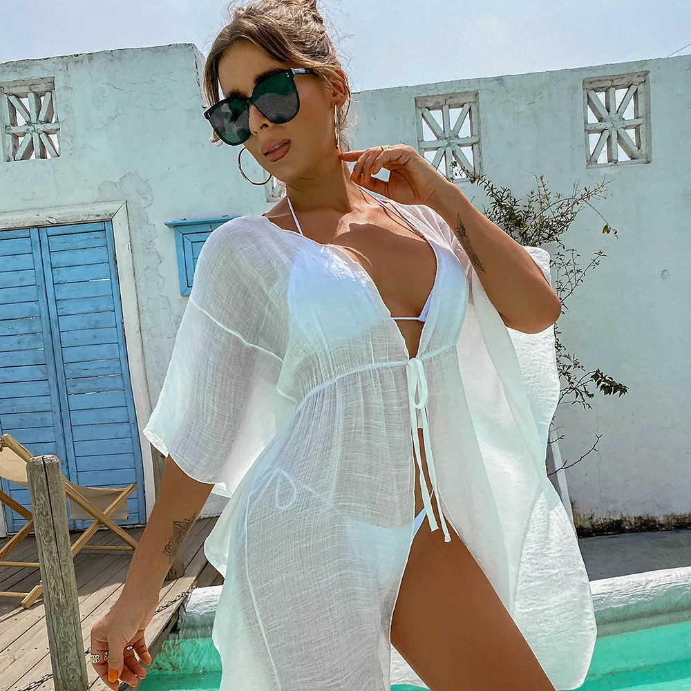 

Women Beach Bathing Outing Cover Up Tunic Dress Bohemian Chiffon White Bikini Swimsuit Kimono White Beachwear Cardigan Cover-ups