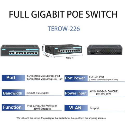 Коммутатор TEROW POE, 4/8/16 портов, 100/1000 Мбит/с, Gigabit Network Ethernet 802,3 AF/AT VLAN RJ45