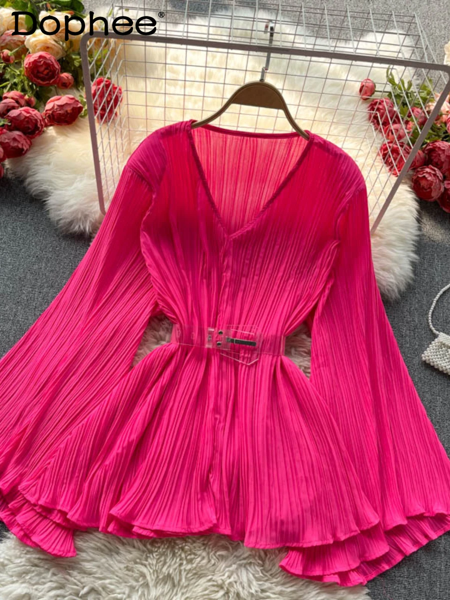 

Sweet Candy-Colored Flared Long-Sleeved Pleated Shirt Women Ruched Belt Waist Figure Flattering Blouse Temperament Chiffon Blusa
