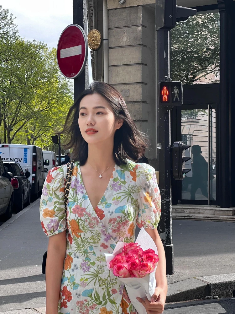 

Floral Print Puff Sleeve Lace-up Wrap Women Summer Mini Dress 2023 New In