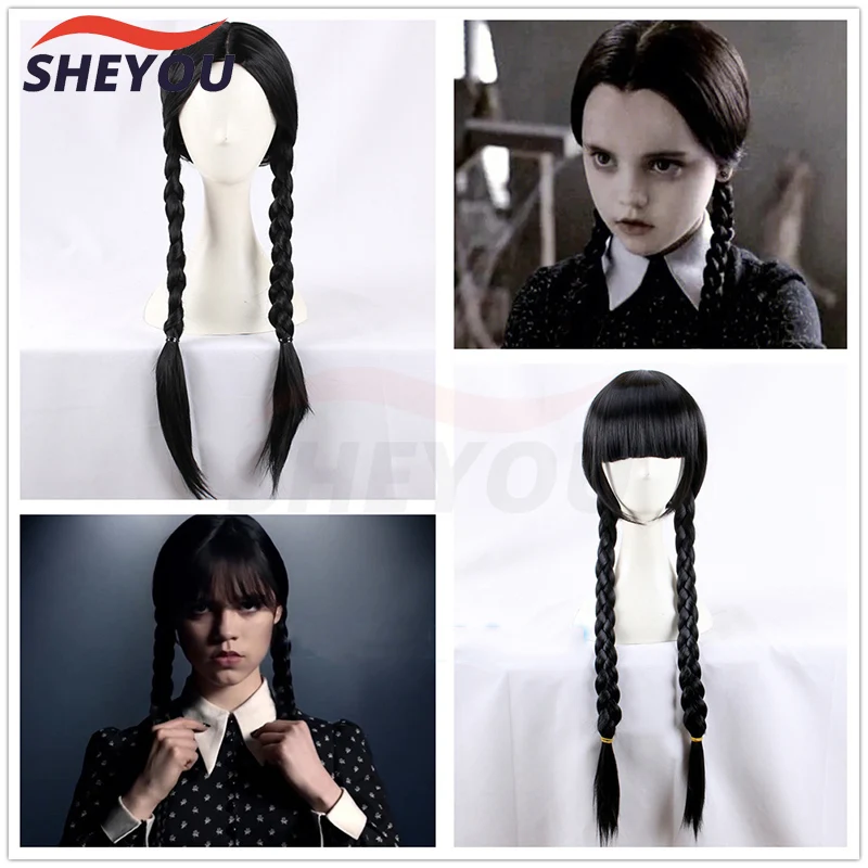 

High Quality Wednesday Addams Cosplay Wig Woman Long Black Braid Heat Resistant Synthetic Hair Wigs + Wig Cap
