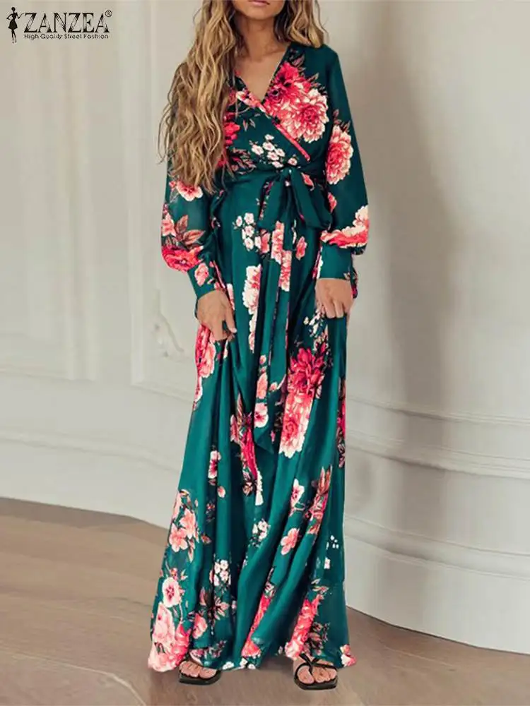 

ZANZEA Elegant Floral Bohemian Kaftan Lace Up Retro Robe 2022 Fashion Print Sundress Women Casual Long Sleeve V Neck Beach Dress