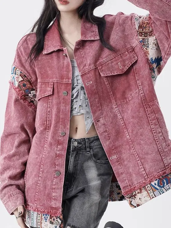 

Patchwork Folk Graphic Contrast Colorblock Pink Jeans Jacket Button Up Denim Coat Plus Size BF Cowboy Loose Windbreaker Outwear