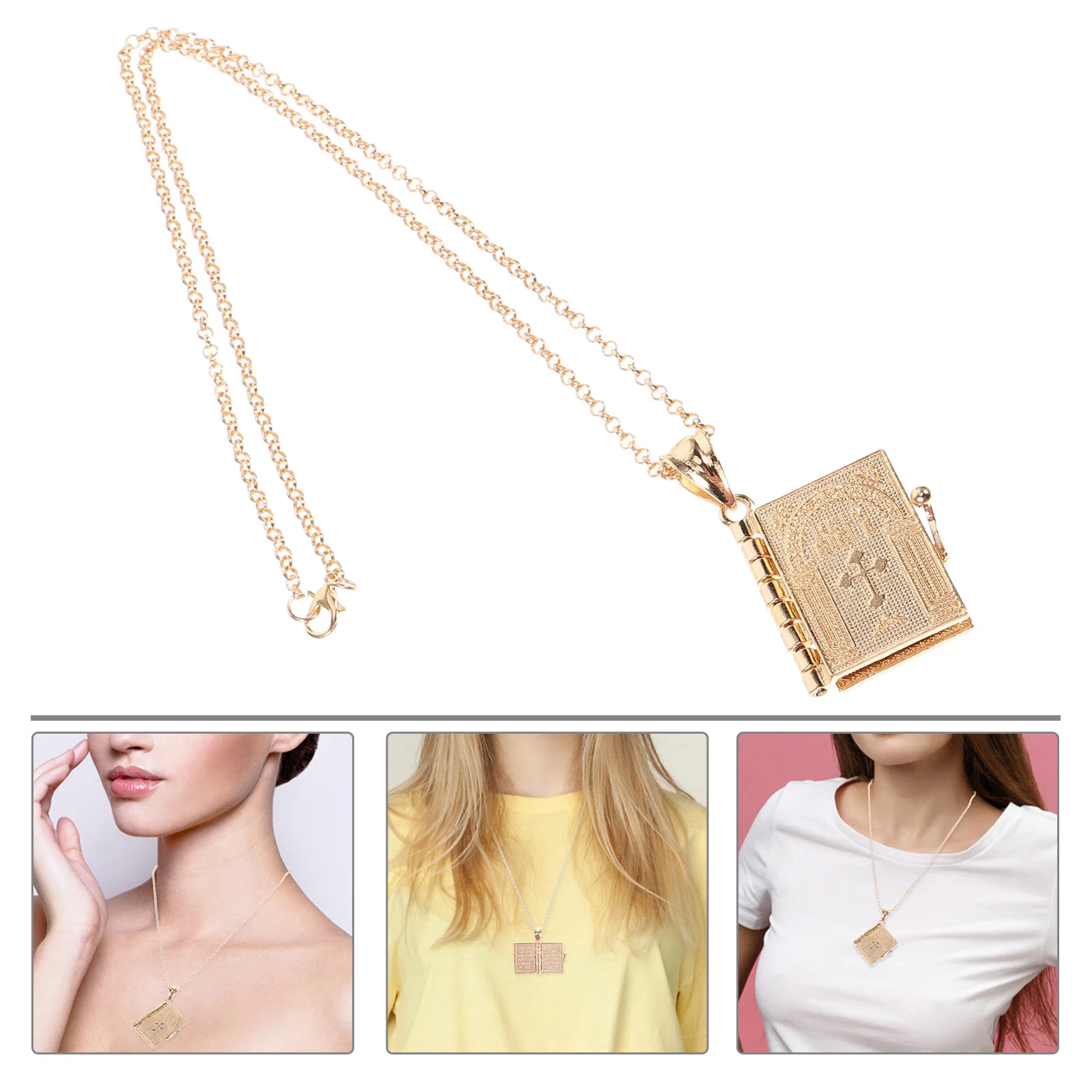 

Bible Book Cross Flipping Pendant Choker Necklace Men Jewelry Picture Metal Photo Pageable Miss Men's Gifts