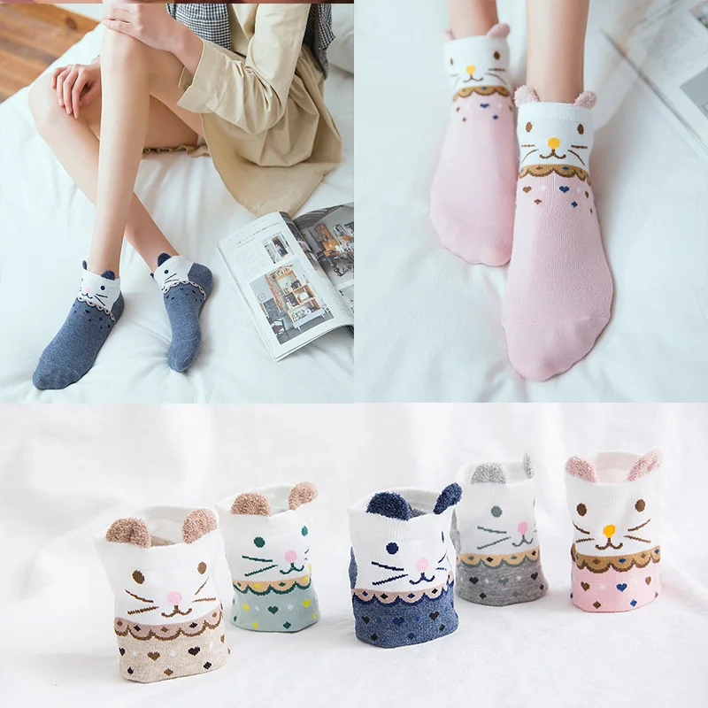 5 Pairs/lot NewWomen Cotton Socks Set Cute Cat Ankle Socks Kawaii Short Socks Casual Cartoon Animal Red Heart Gril Socks 34-40 images - 6