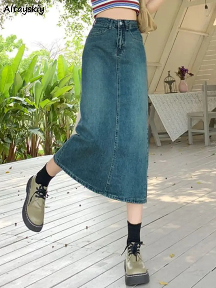 

Женские джинсовые юбки, винтажные весенние повседневные Модные простые универсальные трапециевидные юбки с разрезом в стиле ольччан, корейский стиль, классика