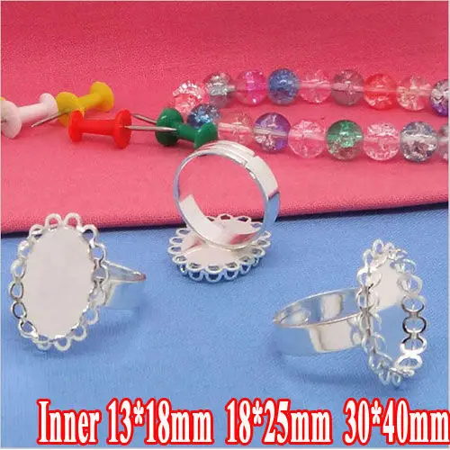 

6pcs Silver Plated Adjustable Ring Blank with inner 13*18/18*25/30*40mm Bezel Setting Tray for Cameo Cabochons Diy Jewelry