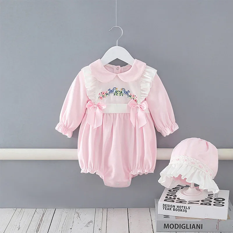 

Autumn Baby Bodysuits Toddler One Piece Peter Pan Collar Embroidery Infant Embroidery One Piece Girls Clothes with Hat 0-2Y