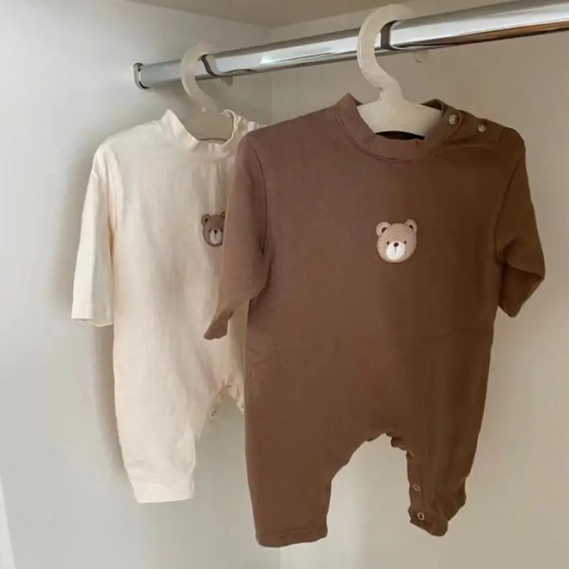 

Милый простой однотонный комбинезон для малышей от 0 до 2 лет, хлопковый комбинезон с длинными рукавами и вышивкой медведя из мультфильма дл...