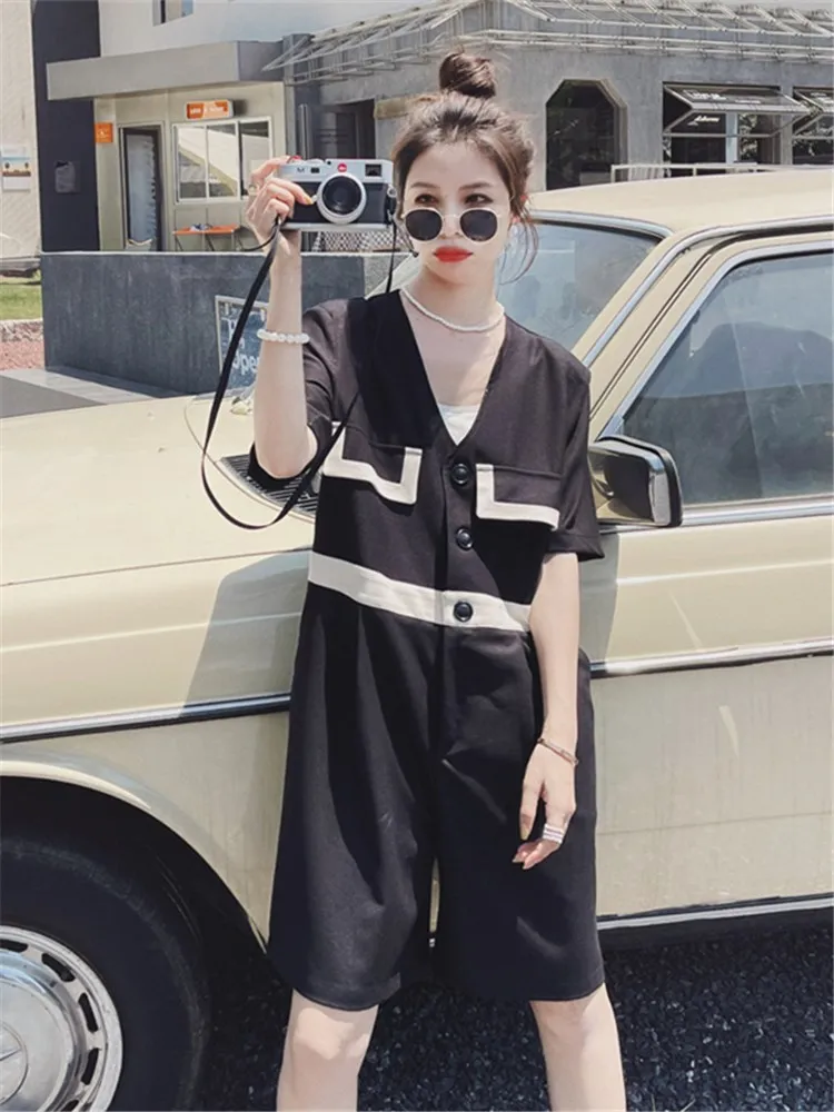 

V-neck Black Jumpsuit Women 2022 Summer Elegant Fashion Short Sleeve Loose Wide Leg One Piece Shorts Set Overalls Rompers 2673