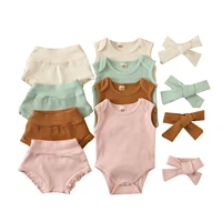 baby suit summer girls boys cotton sleeveles vest romperfrill shortsbow hair band 3pcs set solid color infant toddler clothes