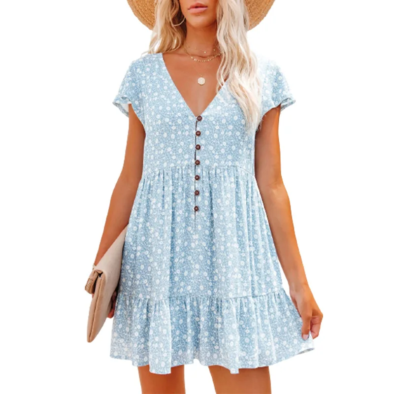 

2022 Summer and Autumn V-neck Button Small Floral Short-sleeved Loose Casual Fashion Dress Women's платье женское летнее