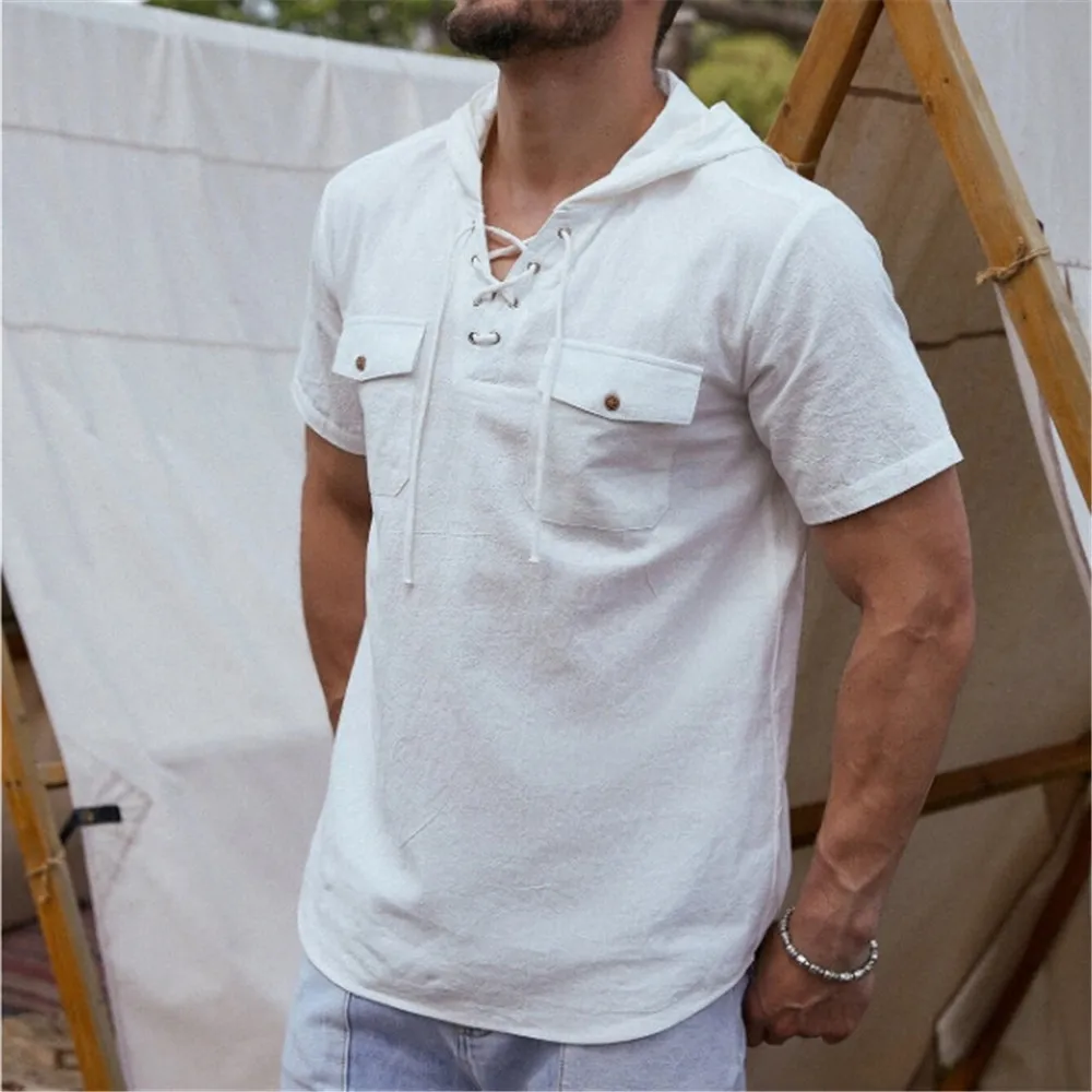 

Men Retro Fashion T-shirtCotton Linen Long Sleeve Shirt Double Pocket Workwear Hooded Men's Shirt Pullover Loose Leisure T-shirt