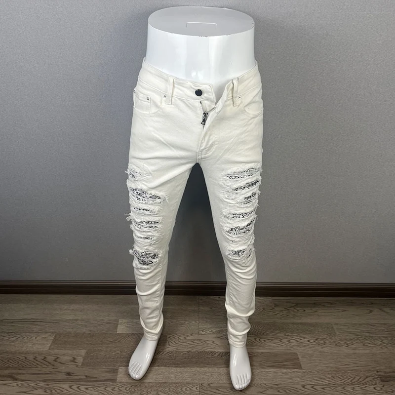 Street Fashion Men Jeans White Color Elastic Stretch Skinny Ripped Jeans Men Bandana Patched Designer Hip Hop Brand Pants Hombre