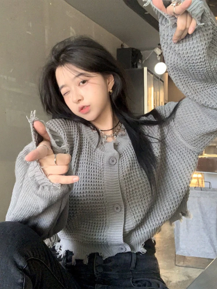 Женский трикотажный кардиган оверсайз серый винтажный однотонный Кардиган с