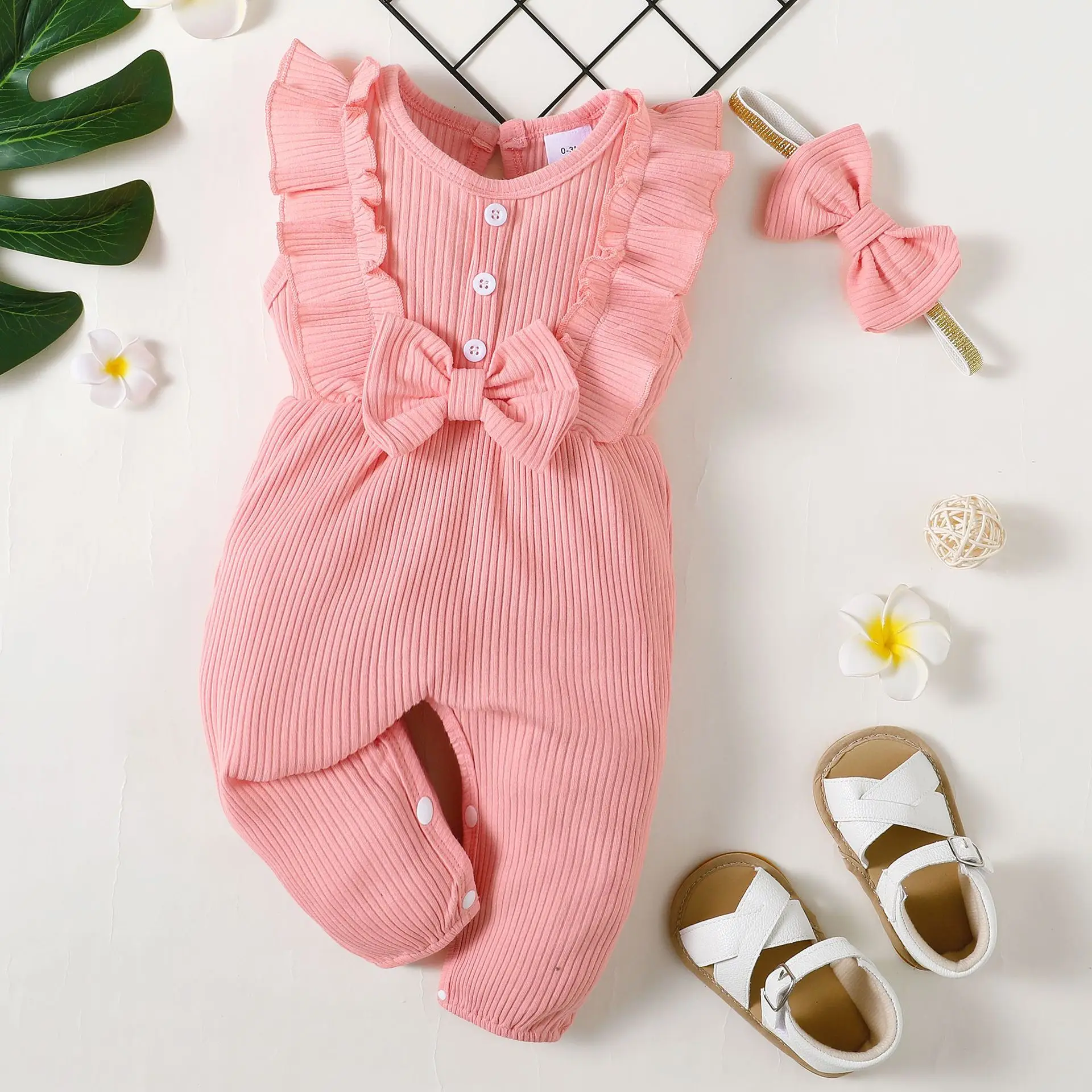 

2022 Newborn Romper Baby Girl Clothes Toddler Solid Ruffle Bow Sleeveless Bodysuit Infant Summer Vest Jumpsuit Children Outfits