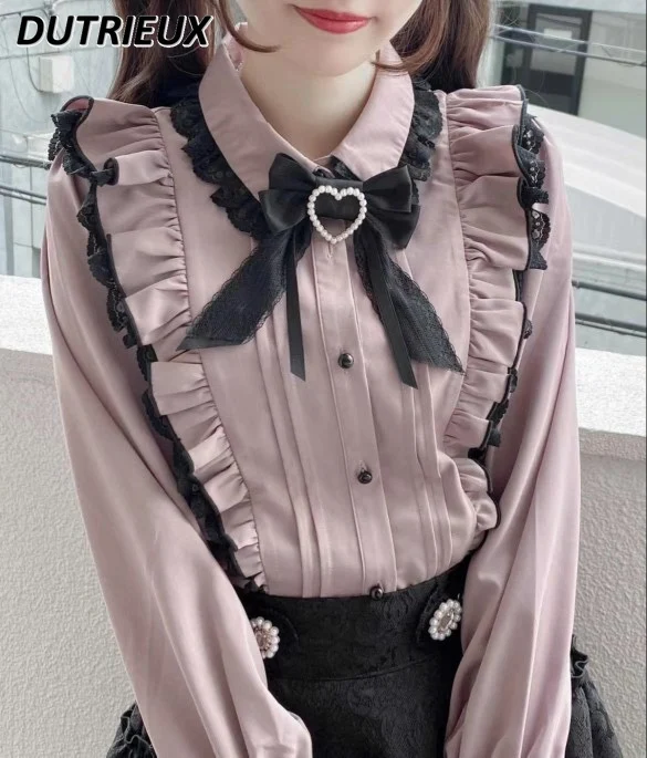 

Rojita Sweet Girls New Peter Pan Collar Bow Lace Shirt Lolita Japanese Style Tops Long Sleeve Underwear Blouse Camisas De Mujer