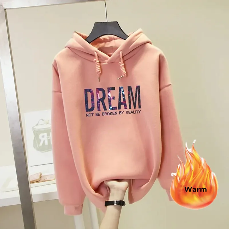Повседневная теплая Женская толстовка с капюшоном и бархатным принтом толстые