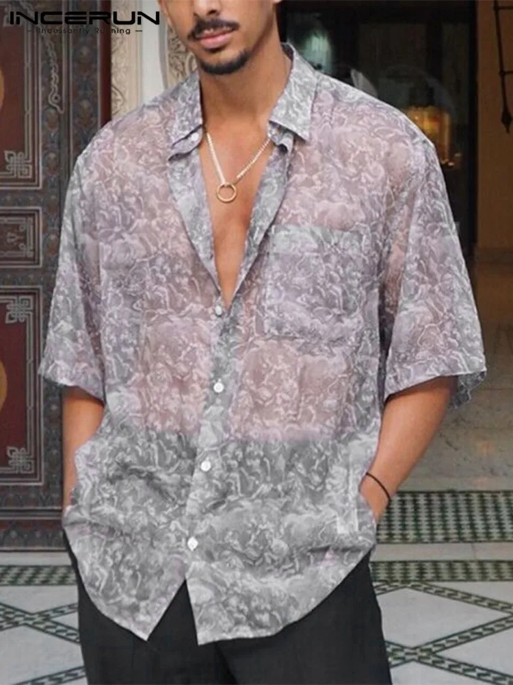

Casual Well Fitting Men Tops INCERUN See-through Printed Lapel Blouse Handsome Male Hot Sale Short Sleeve Thin Shirts S-5XL 2022