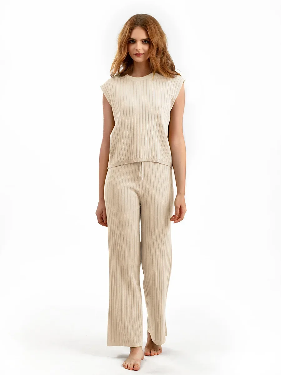 

Summer Knitted Two Piece Set Women O-Neck Sleeveless Solid Color Vest Pants Sets Korean Fashion Wide Leg Long Pants Pajama Suit