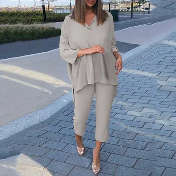 Retro Suits Women's Casual Loose Comfortable V Neck Lapel Seven Sleeve Blouse Elastic Waist Nine Trouser Suit Streetwear 2023 1