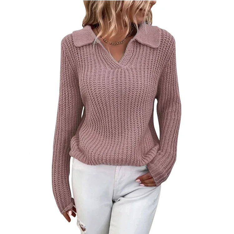 

Pullover sweater 2022 autumn and winter new lapel sweater solid color slim knitted sweater women's long-sleeved pullover sweater