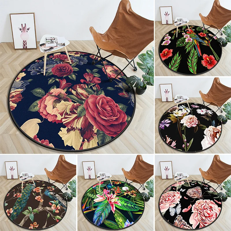 

Rose Flower Carpet Anti-slip Thick Carpets for Livingroom Round Shape Romantic Floral Printing Area Rugs for Bedroom Floormat