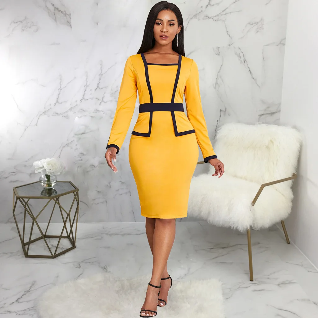 

Women's Dress Elegant Patchwork Dress Autumn 2022 Ladies O-Neck Midi Slim Office Pencil Bodycon Dresses