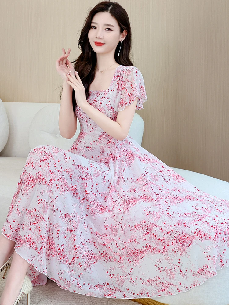 

Chiffon Floral Party Long Dress Casual Beach Elegant Womens Midi Dresses Summer Clothes For Evening Bodycon Korean Fashion 2023
