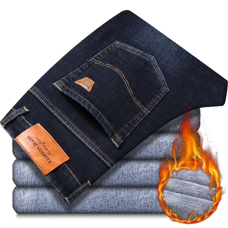 Winter Men's Fleece Black Blue Jeans 2020 New Business Casual Warm Thicken Slim Fit Stretch Denim Trousers Male Brand Pants