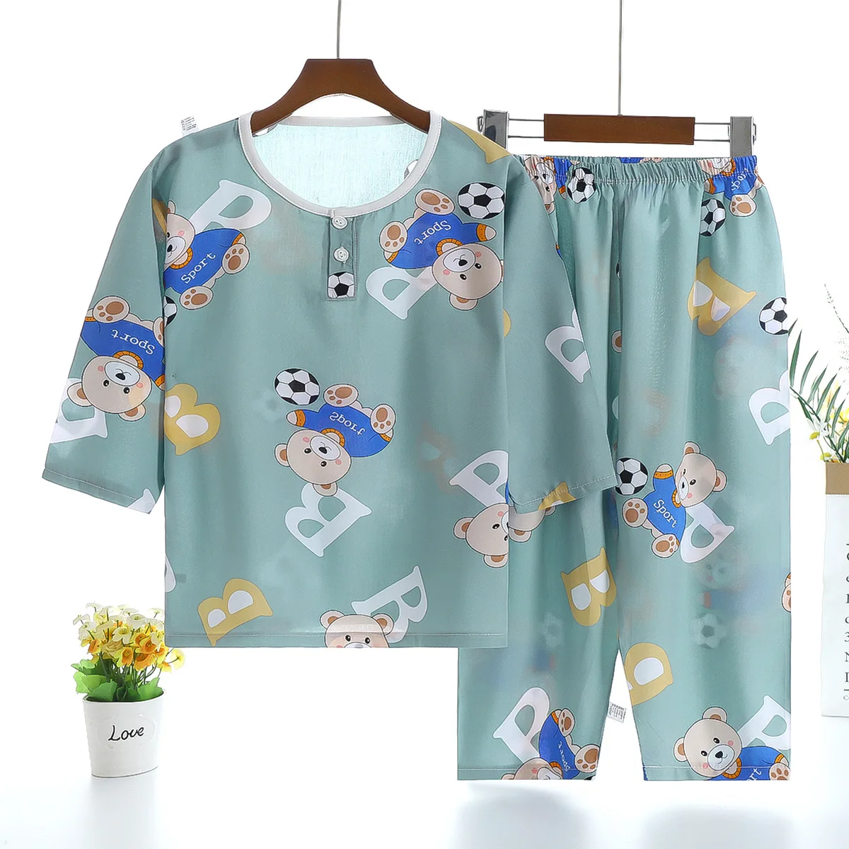 

Children's Pajama Set Summer Cotton Silk Suit Three-Quarter Sleeve Thin Air Conditioning Room Clothes Cotton Silk Home Clothing