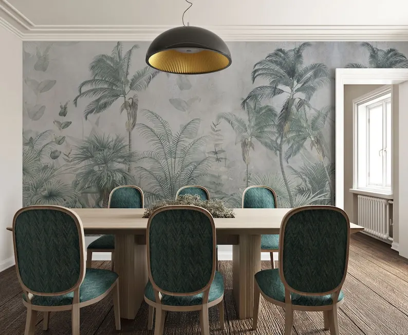 

Vintage Forest Peel and Stick Wallpaper, Foggy Tropical Landscape Wall Mural, Rainforest Self Adhesive Wallpaper,Palm Trees Remo