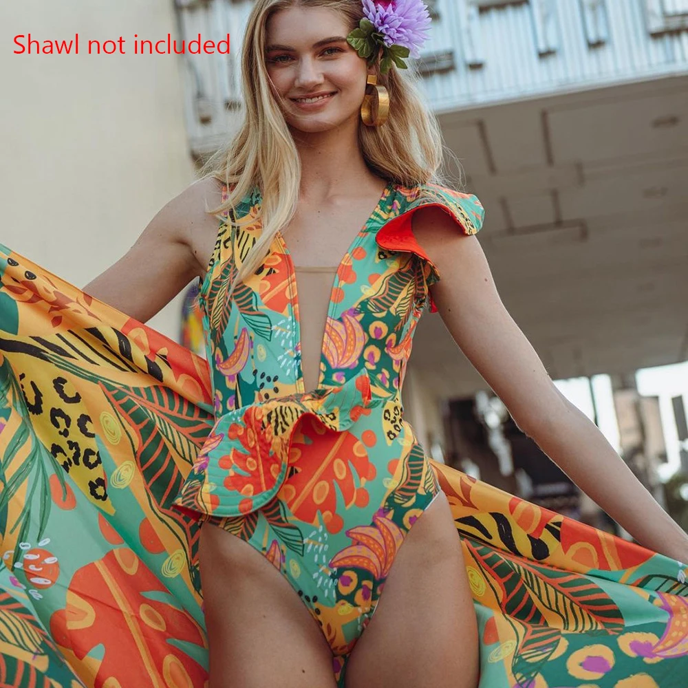 

One Piece Swimsuit 2022 Summer New Ruffled Swimwear Women Sexy Bikini V-Neck Backless Swimsuit Printed Beach Swimwear