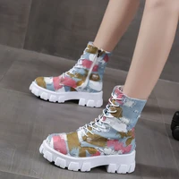 womens denim ankle short boots lace up mixed color fashion comfortable camouflage canvas shoes woman graftti motorcycle boots