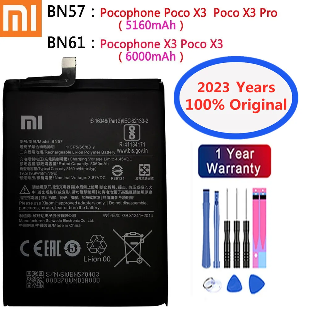 

2023 Years Xiao mi Original Battery BN57 BN61 For Xiaomi Pocophone X3 POCO X3 / X3 Pro 5160mAh 6000mAh Phone Battery + Tools
