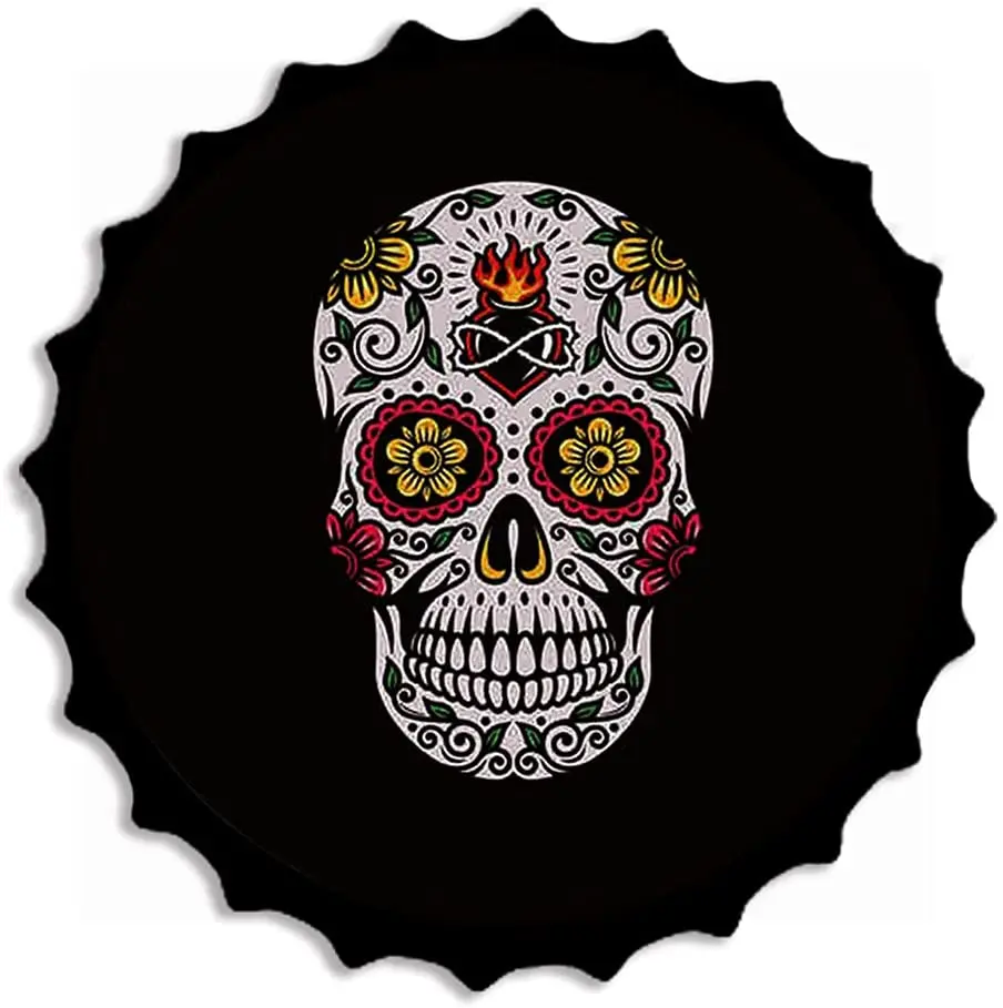 

Retro Metal Tin Signs Bottle Cap- Mexican Sugar Skull Sunflower Flower and Leaves -Wall Plaque Poster Cafe Bar Pub Beer Club
