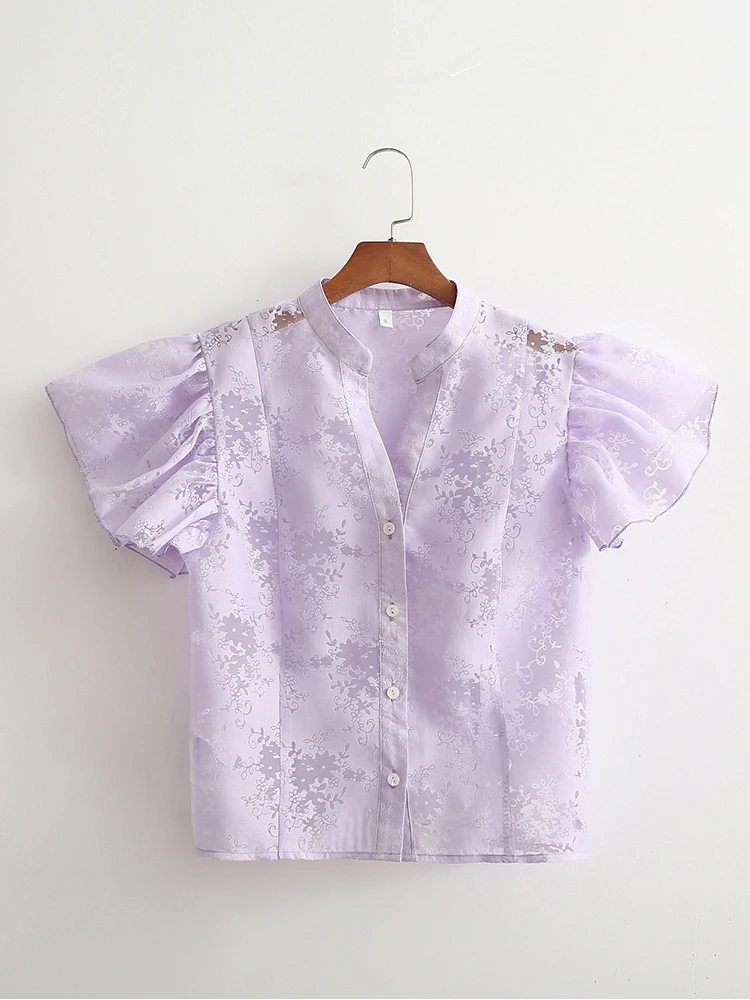 

Women Flying Sleeve Purple Shirts 2022 Summer Single Breasted Perspective Floral Blouses Ladies Tops