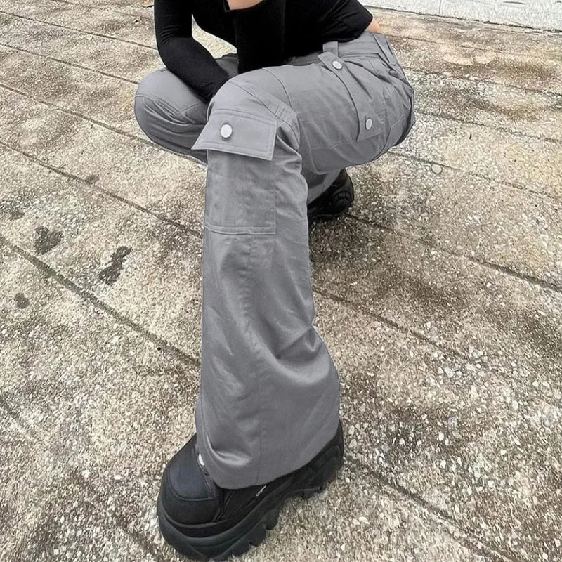 Streetwear Women Vintage Cargo Pants Fashion Low Waist Aesthetic Wide Leg Jeans Y2K High Street Straight Casual Denim Trousers