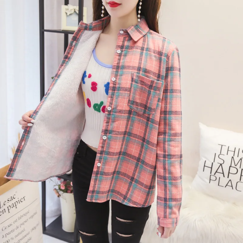

Winter Women Plush Shirt Retro Plaid Shirts for Woman Long Sleeve Loose Lady Top Korean Thickened Warm Fashion Student Coats