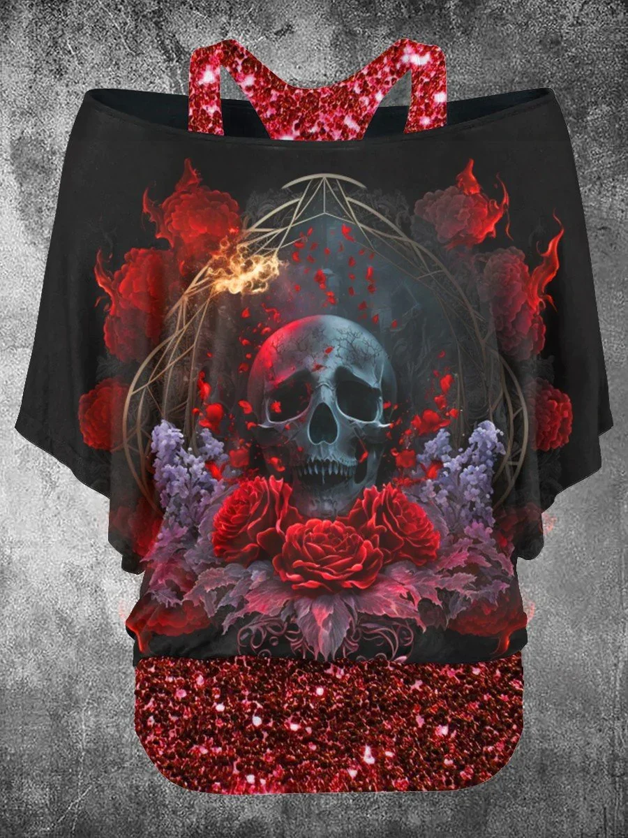 

Women's Punk Hell Skull Floral Art Print Two Piece Suit Top